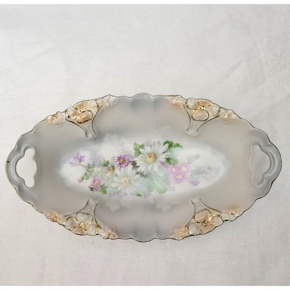 Vintage Porcelain Dish Germany Celery Serving Daisies handled oval gold EUC